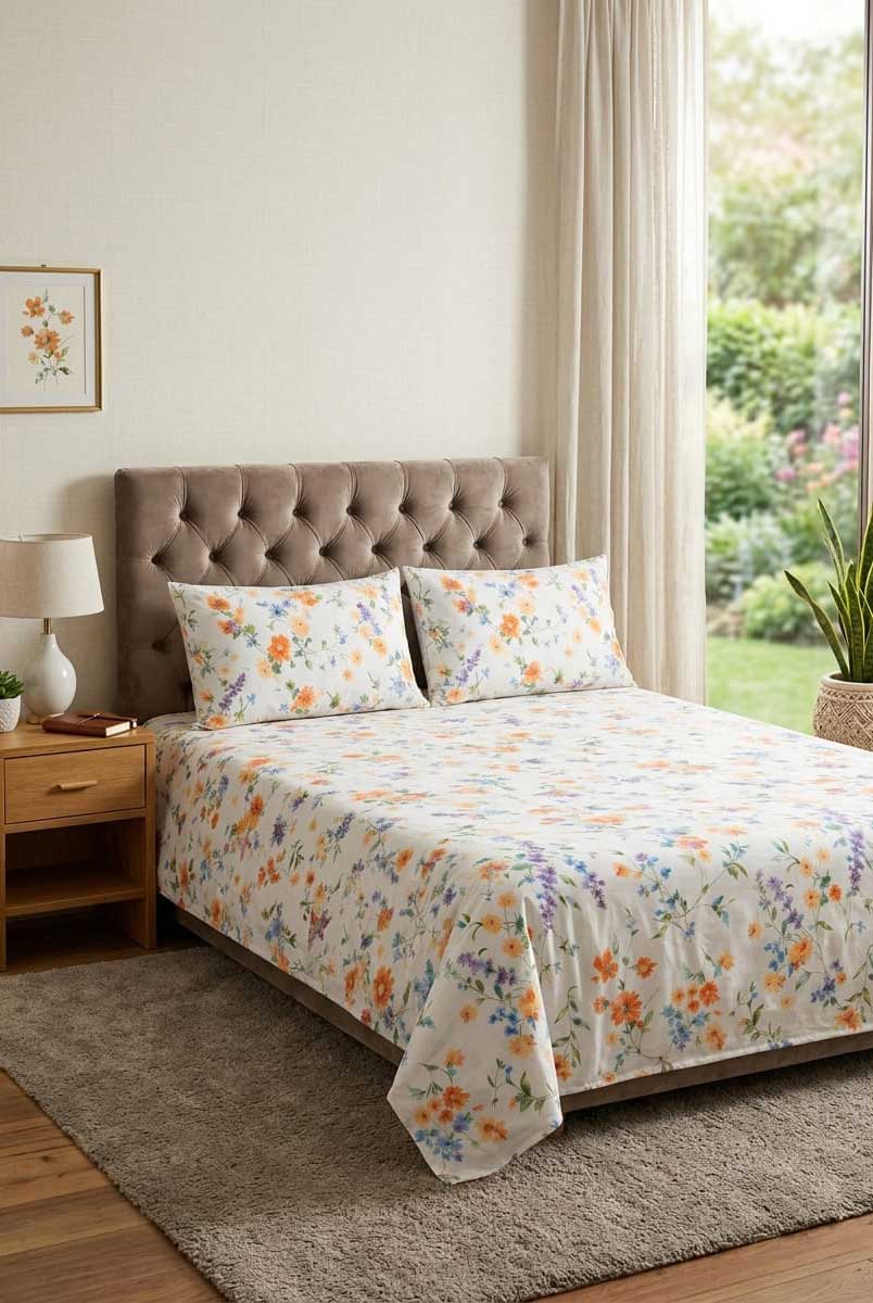 Off White Multicolor Floral Double Bedsheet Set