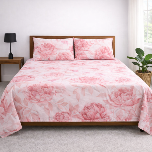 Soft Pink Blossom Printed Double Bedsheet Set