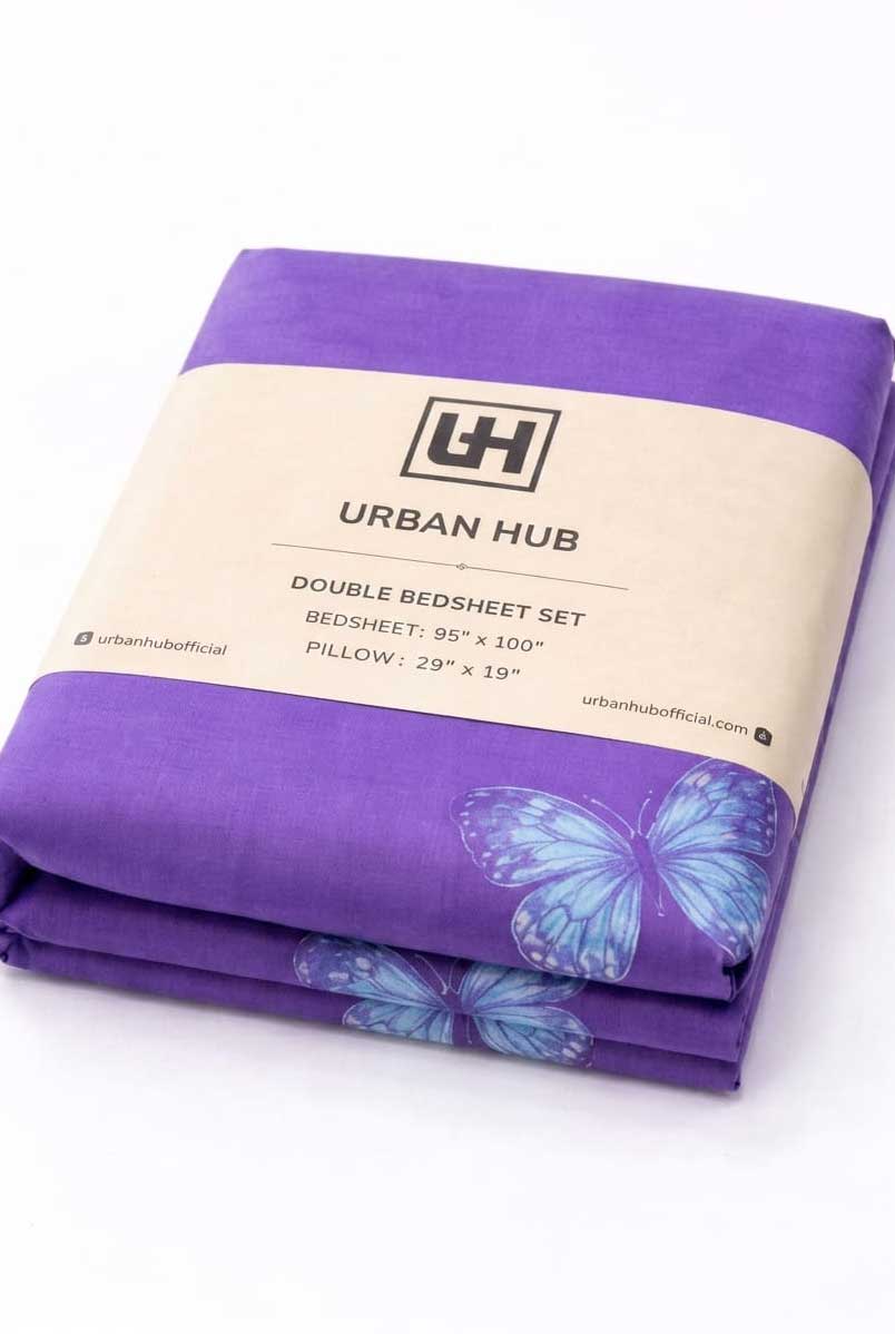 Purple Butterfly Printed Double Bedsheet Set