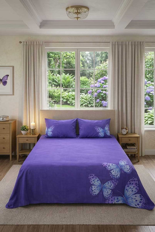 Purple Butterfly Printed Double Bedsheet Set