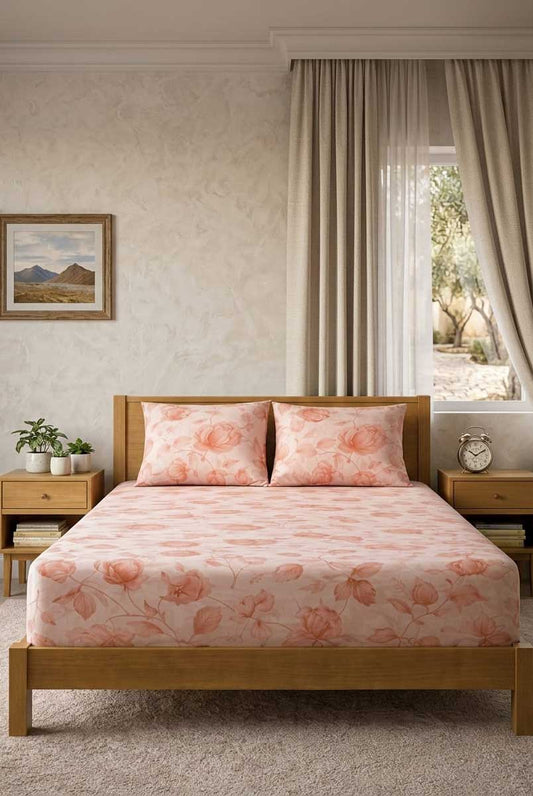 Peach Floral Printed Double Bedsheet Set