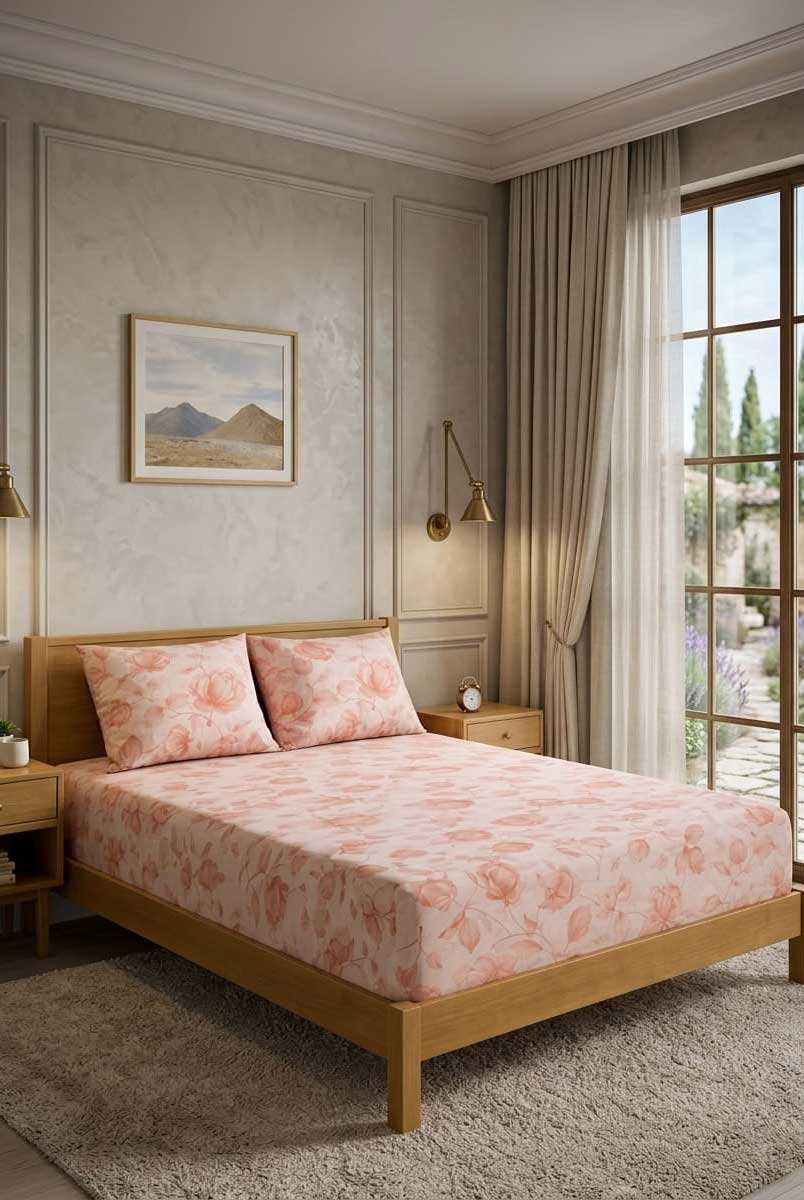 Peach Floral Printed Double Bedsheet Set