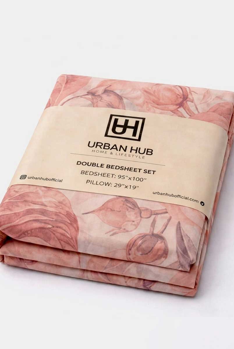 Peach Floral Printed Double Bedsheet Set