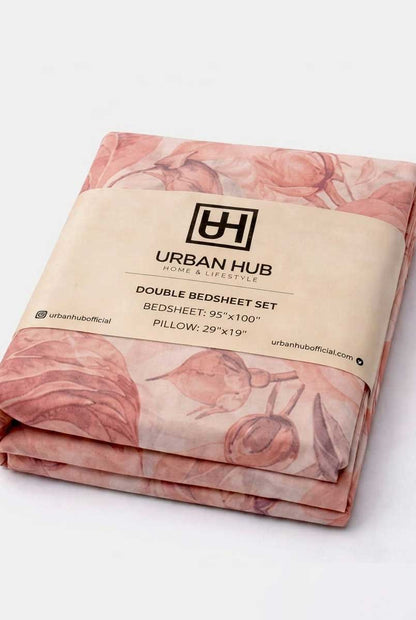 Peach Floral Printed Double Bedsheet Set