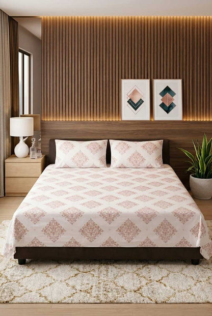 Off-White & Peach Classic Motif Double Bedsheet Set