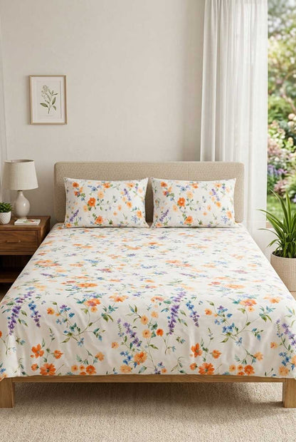 Off White Multicolor Floral Double Bedsheet Set