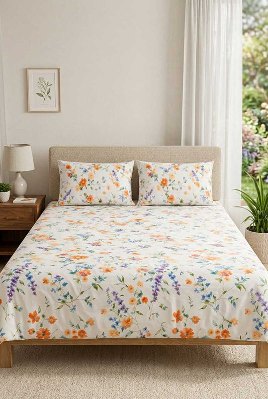 Off White Multicolor Floral Double Bedsheet Set