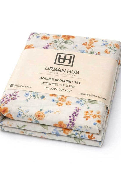 Off White Multicolor Floral Double Bedsheet Set