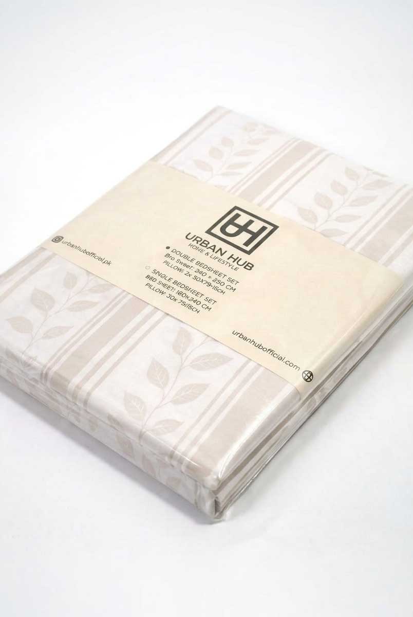 Beige Leaf Stripe Printed Bedsheet Set