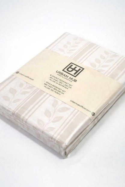 Beige Leaf Stripe Printed Bedsheet Set
