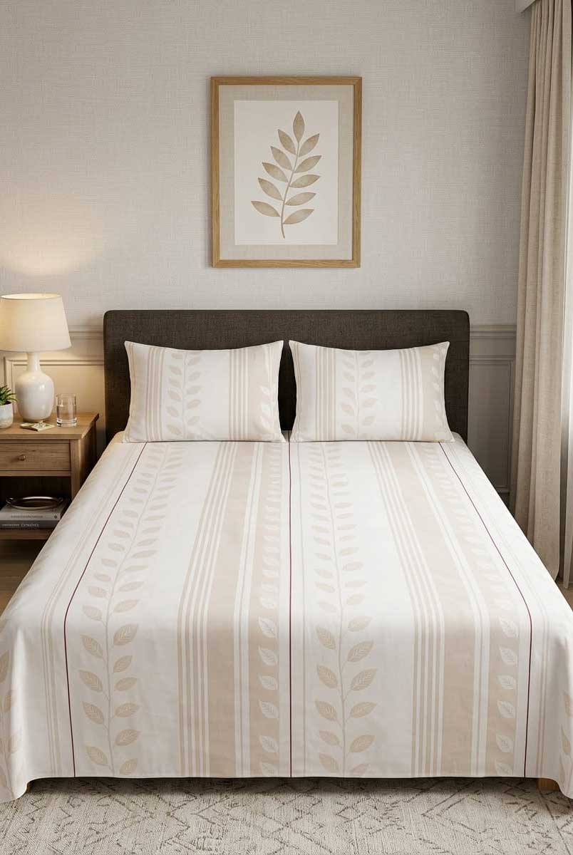 Beige Leaf Stripe Printed Bedsheet Set