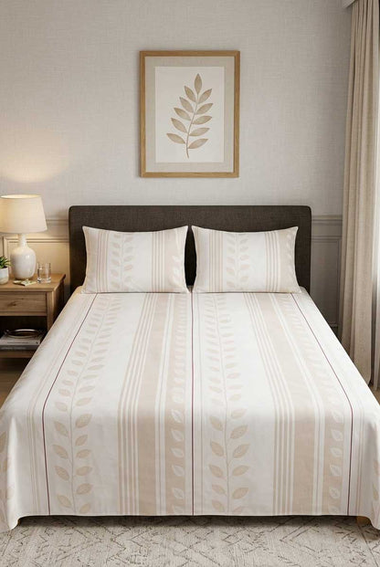 Beige Leaf Stripe Printed Bedsheet Set