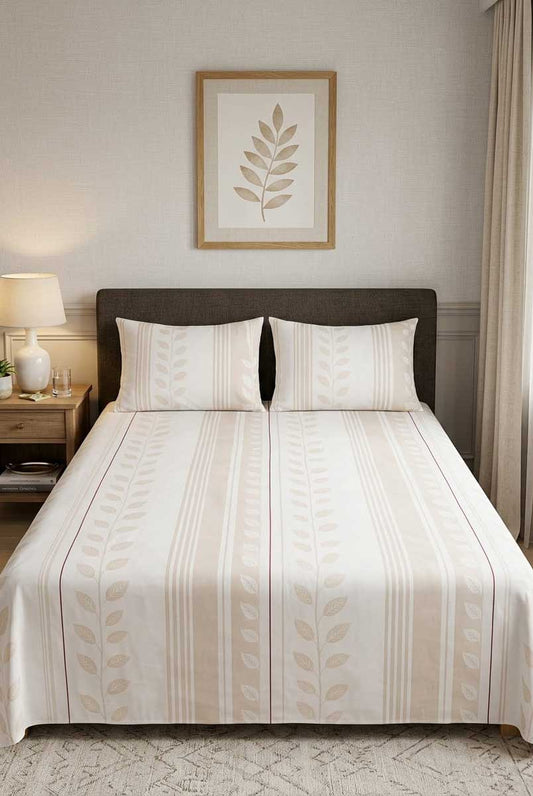 Beige Leaf Stripe Printed Bedsheet Set