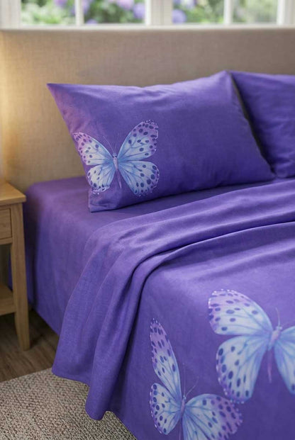 Purple Butterfly Printed Double Bedsheet Set