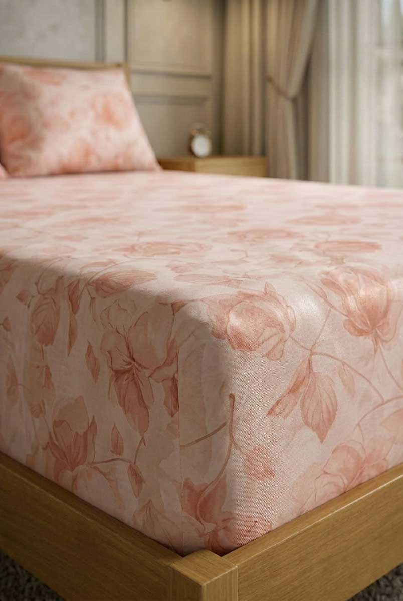 Peach Floral Printed Double Bedsheet Set