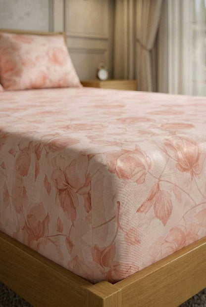 Peach Floral Printed Double Bedsheet Set