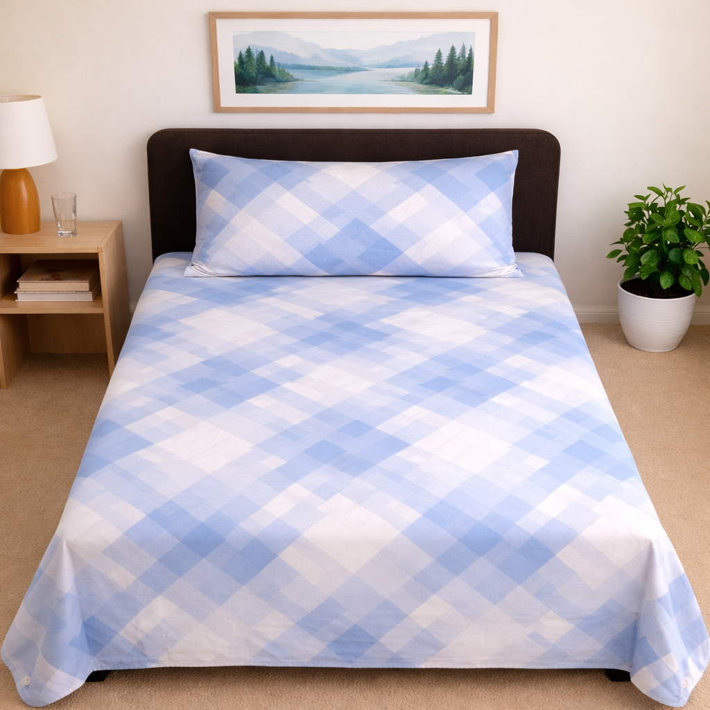 Light Blue Check Printed Single Bed Sheet Set