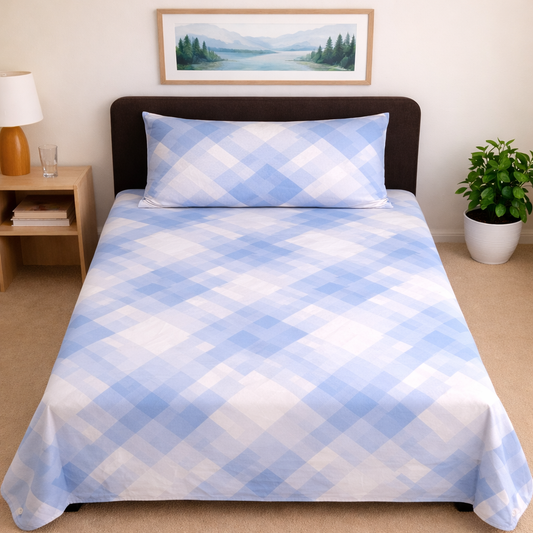 Light Blue Check Printed Single Bed Sheet Set