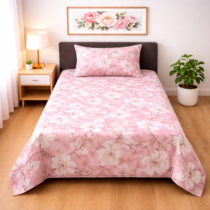 Pink Floral Printed Single Bed Sheet Set