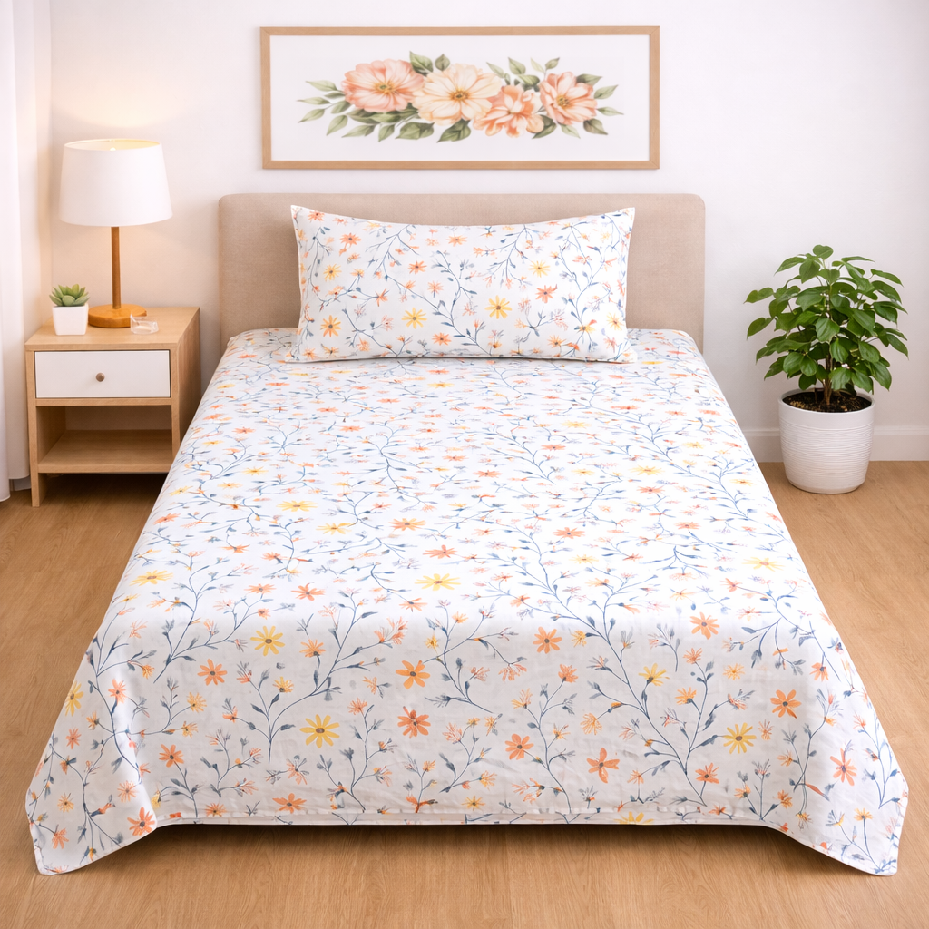 Off White Floral Printed Single Bed Sheet Set