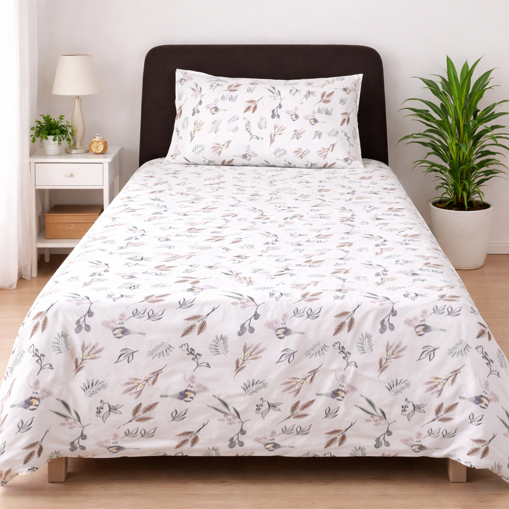 Off White Floral Printed Single Bed Sheet Set