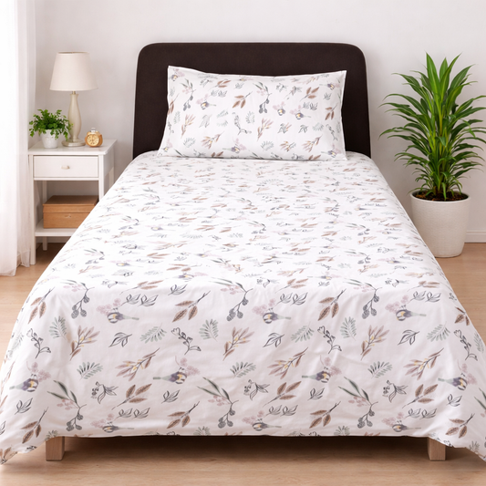 Off White Floral Printed Single Bed Sheet Set