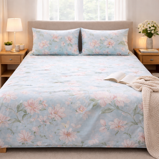 Serene Blue Floral Print Double Bedsheet Set