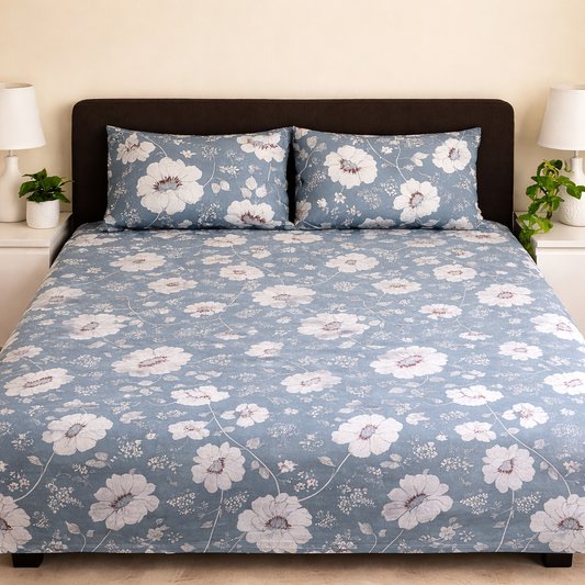 Slate Blue Blossom Double Bedsheet Set