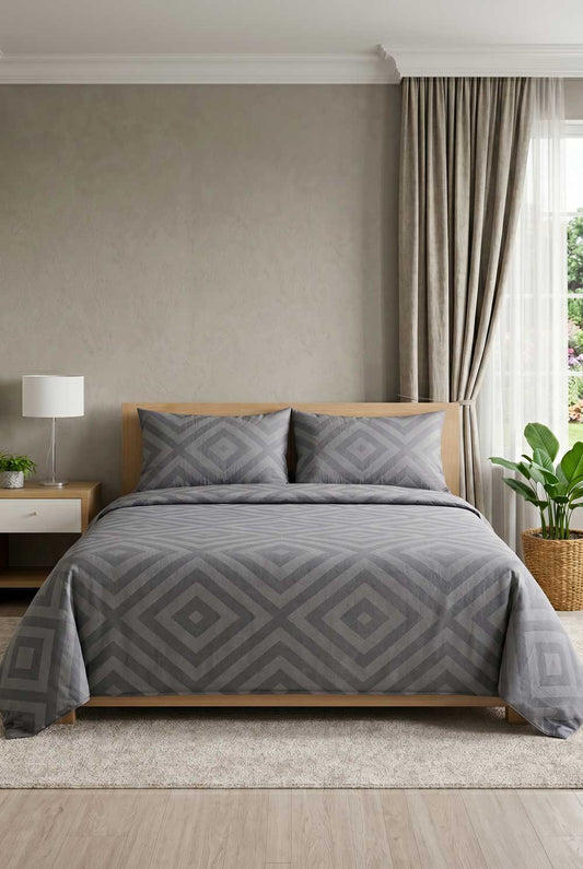Grey Geometric Printed Double Bedsheet Set