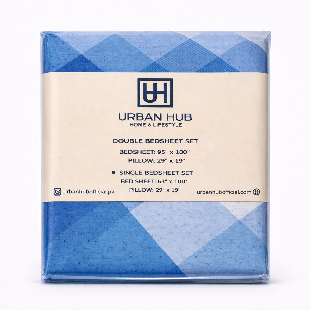 Light Blue Check Printed Single Bed Sheet Set