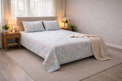 Serene Blue Floral Print Double Bedsheet Set