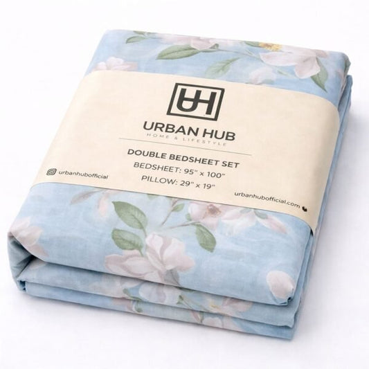 Serene Blue Floral Print Double Bedsheet Set