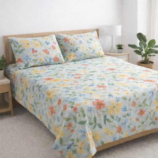 Sky Blue Bloom Printed Double Bedsheet Set